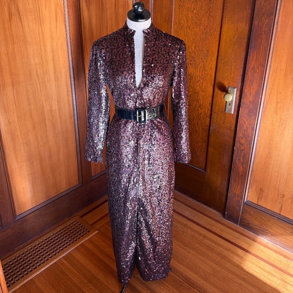 Vintage 70s 1970s Copper Brown Sequin Gown Evening Maxi Dress, Medium Large